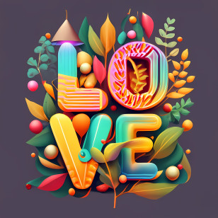 Love Word Art - 3D Love With Leaves And Hearts Transparent PNG