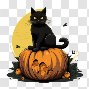 Halloween
 - Black Cat Sitting On A Carved Pumpkin Under The Full Moon Transparent PNG