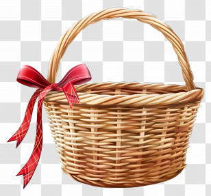 Wicker Basket - Woven Basket Decorated With A Red Ribbon Transparent PNG