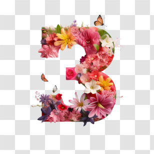 Number 3 Flower - Decorative Floral Number Three With Butterflies Transparent PNG