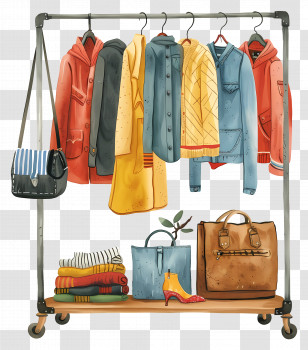 Clothes Rack - Fashionable Clothing Rack With Apparel And Bags Transparent PNG