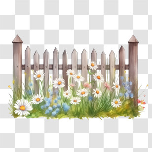 Wooden Garden Fence - Picket Fence Surrounded By Spring Flowers Transparent PNG