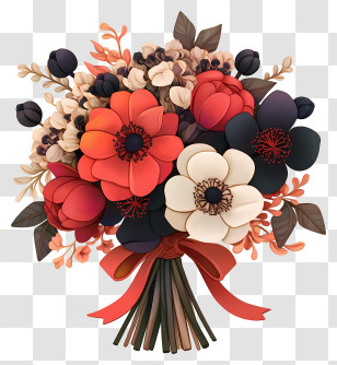Flower Bouquet Art - Red And Black Flower Bouquet With Ribbon Transparent PNG