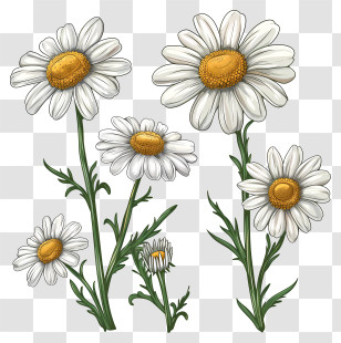 Chamomile - White Daisy Flowers With Yellow Centers In Botanical Illustration Transparent PNG