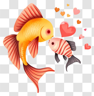 Valentine Fish Simplistic Vector Art - Romantic Kissing Goldfish Artwork With Hearts Transparent PNG