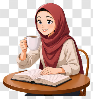 Smiling Hijab Girl Reading - Woman In Hijab Reading With Coffee Transparent PNG