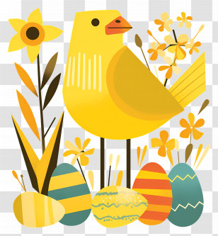 Easter Background - Yellow Bird With Flowers And Easter Eggs Transparent PNG