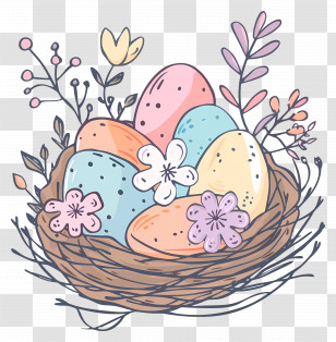 Easter Eggs - Easter Eggs In A Nest With Flowers Transparent PNG