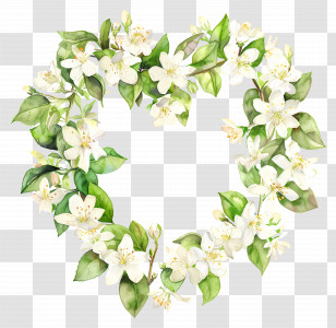 Jasmine Wreath - Heart-Shaped Floral Wreath With Green Leaves And White Flowers Transparent PNG