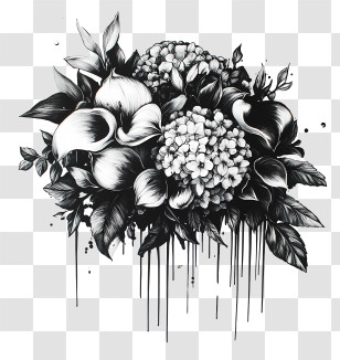 Inky Drippy Flowers - Black And White Floral Design Transparent PNG