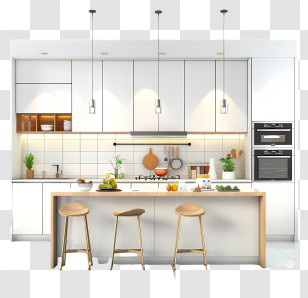 Modern Kitchen - Modern White Kitchen With Island And Stools Transparent PNG