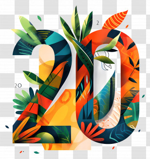Number 20 - Colorful Number 20 With Leaves Transparent PNG