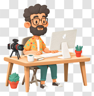 Man Vlogger Working At Desk - Cartoon Designer At Work Transparent PNG