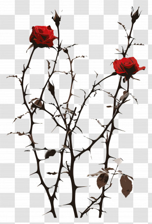 Rose Thorns - Thorny Rose Bush With Bright Red Flowers Transparent PNG