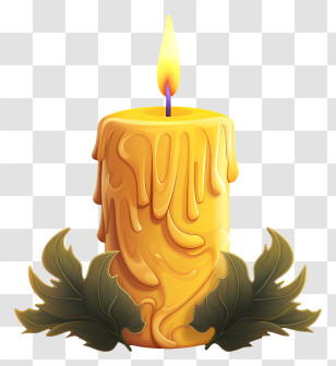 Candle - Yellow Dripping Candle With Leaves Transparent PNG