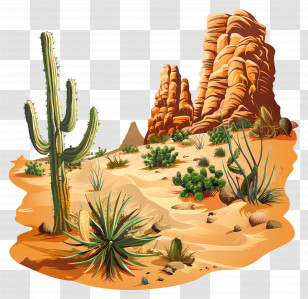 Desert - Desert Landscape With Cactus And Rocks Transparent PNG