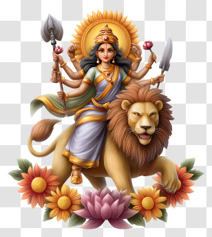 Chandraghanta - Divine Goddess Riding A Lion Transparent PNG