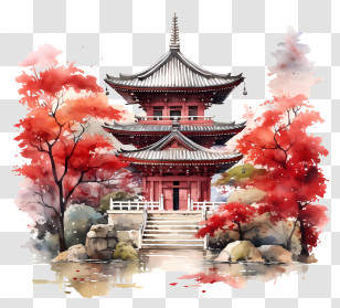 Watercolor Painting - Japanese Pagoda Amidst Autumn Trees Transparent PNG
