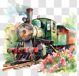 Spring Field - Vintage Train With Floral Background Illustration Transparent PNG