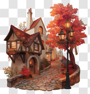 Autumn Alley - Charming Autumn Village Scene Transparent PNG