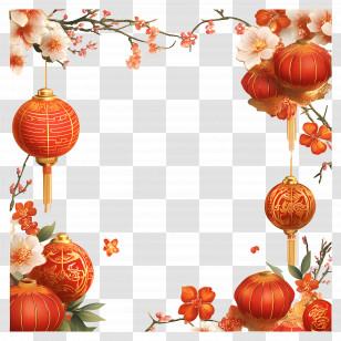 Lunar New Year - Chinese New Year Lanterns And Floral Frame Transparent PNG