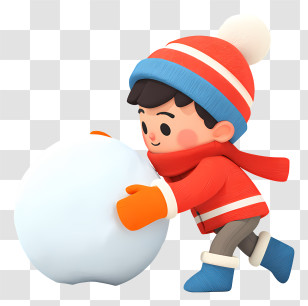 Child Pushing Snowball - Child In Winter Clothes Rolling Snowball Transparent PNG