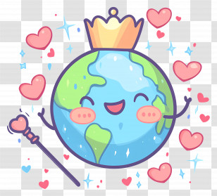 Cartoon Earth - Happy Earth With Crown Cartoon Transparent PNG