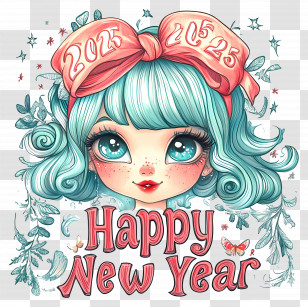 2025 Happy New Year - Cartoon Girl Happy New Year 2025 Greeting Transparent PNG