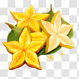 Starfruit - Yellow Star Fruits Illustration With Leaves Transparent PNG