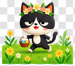 Cat Mascot Celebrating Easter Day - Flower-Crowned Cat With Easter Eggs Transparent PNG