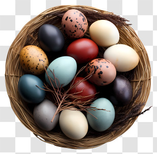 Easter Eggs In Basket - Colored Easter Eggs In A Festive Basket Transparent PNG