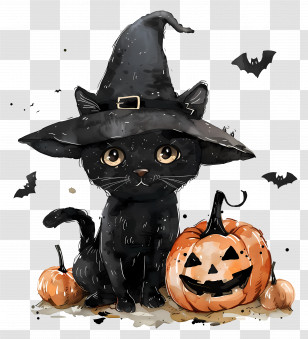 Cute Halloween Cat - Black Halloween Cat With Witch Hat And Pumpkins Transparent PNG