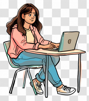 Cartoon Woman Working - Girl Working On Laptop Transparent PNG