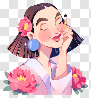 Beautiful Woman - Beautiful Woman With Flowers And Makeup Brush Transparent PNG