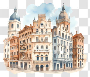 Watercolor Painting - Historic European Cityscape Transparent PNG