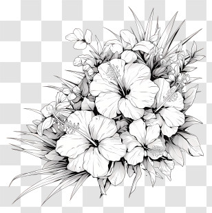 Tropical Flowers Line - Black And White Hibiscus Flower Arrangement Transparent PNG