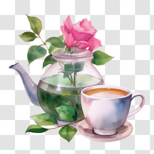 Teapot - Elegant Glass Teapot With Rose And Teacup Transparent PNG