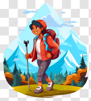 Cartoon Female Hiker - Cartoon Hiker On Mountain Trail Transparent PNG