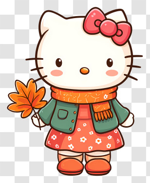 Hello Kitty Holding Autumn Leaf - Cartoon Cat With Leaf Character Transparent PNG