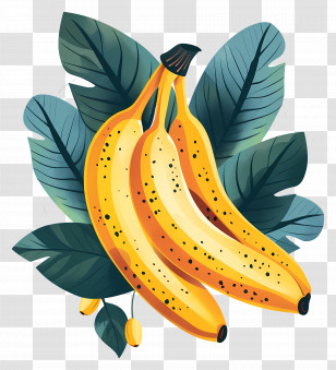 Banana - Illustration Of Bananas With Tropical Leaves Transparent PNG