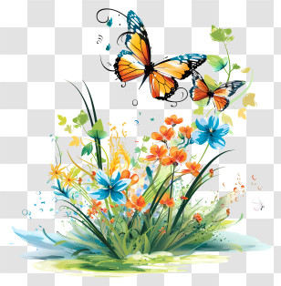 Spring - Butterflies Among Vibrant Flowers Transparent PNG