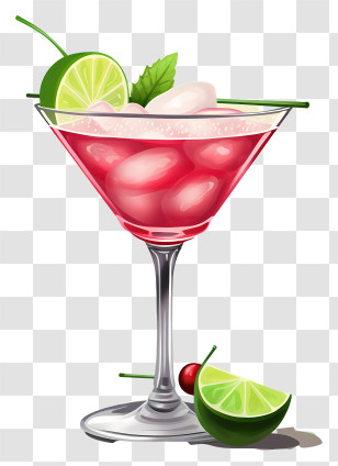 Cocktail - Pink Cocktail With Lime And Cherry Garnish Transparent PNG