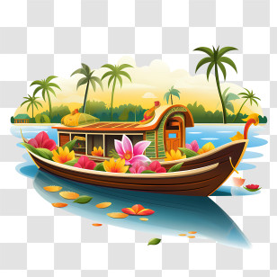 Onam Boat - Houseboat Decorated With Flowers And Palm Trees Transparent PNG