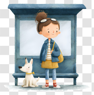 Girl With Dog At Bus Stop - Girl Waiting With Dog Transparent PNG