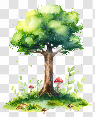Watercolor Tree - Watercolor Tree And Mushrooms Illustration Transparent PNG
