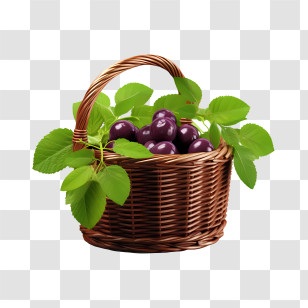 Plum - Wicker Basket With Purple Fruits And Leaves Transparent PNG
