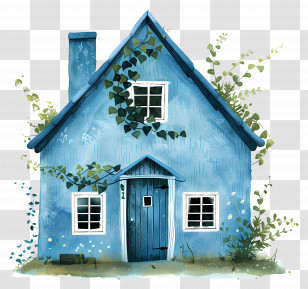 Blue House - Blue Cottage With Vines Illustration Transparent PNG