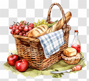 Picnic - Picnic Basket With Fruits And Bread Transparent PNG