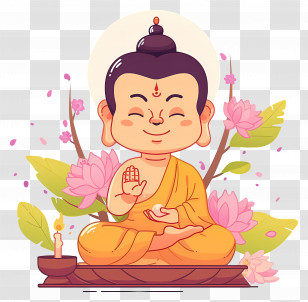 Buddha - Cartoon Buddha Meditation With Lotus Blooms Transparent PNG