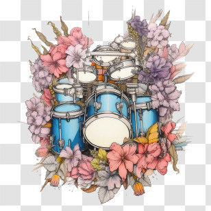 Drums - Blue Drum Set Surrounded By Floral Decorations Transparent PNG